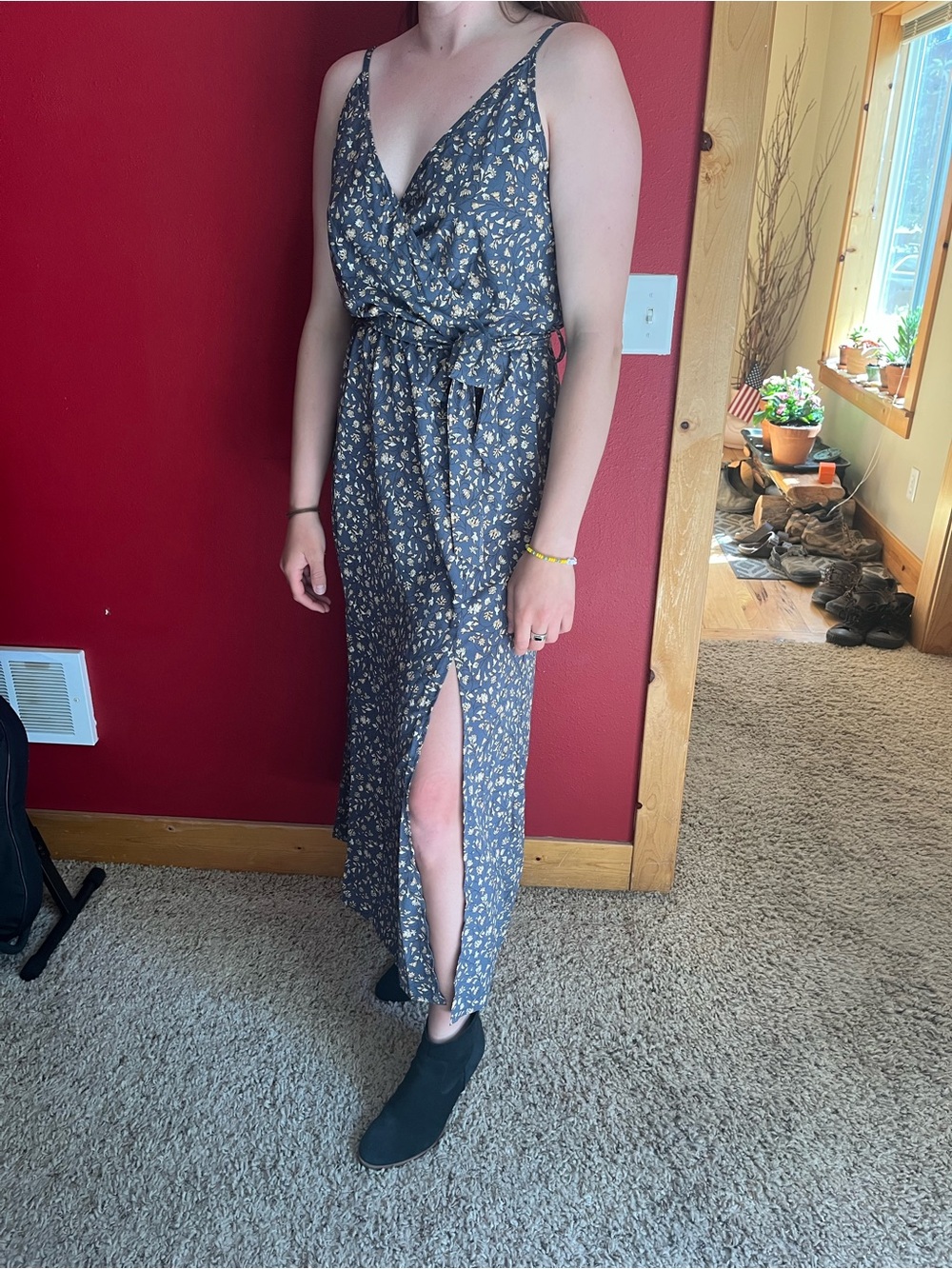 Dark Wash Boho Women's Floral Print Maxi Cami Dress with Double Side Slits